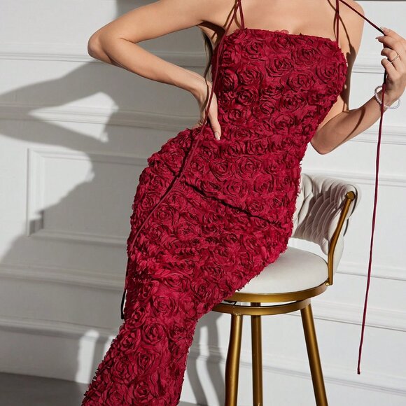 Burgundy Elegant Women's Tie Shoulder Cami Dress Long Evening Dresses - Picture 1 of 6